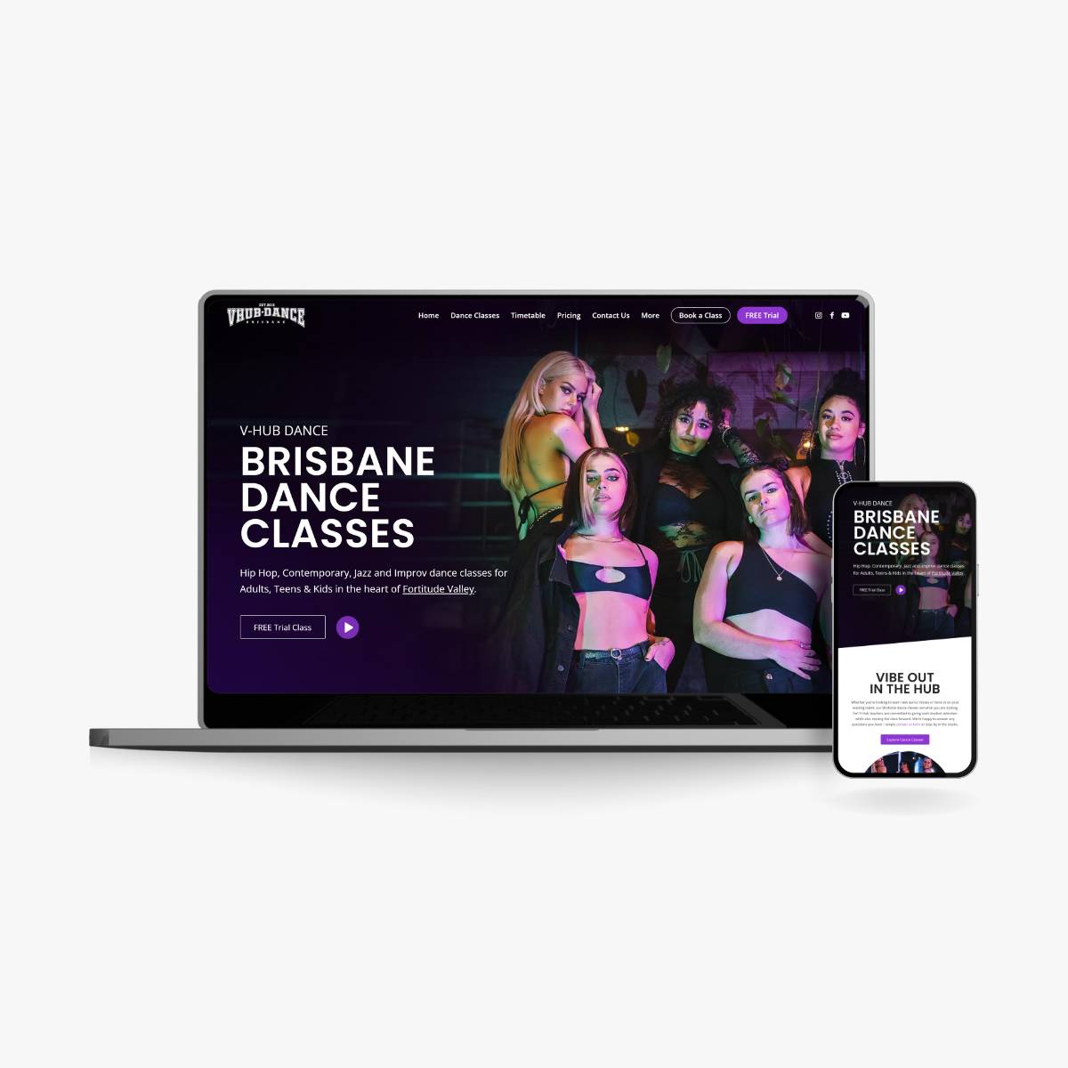 Best Website Designs for Dance and Fitness Studios - V-Hub Dance provides a great example for an effective online presence for a dance studio.
